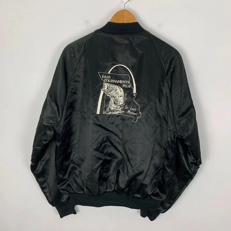 Vintage Satin Bomber Jacket Large Black Nylon Zip Up USA Bass Fishing Ken