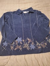 Alfred Dunner Womens 3x Blue Embellished Floral Zip Pullover Sweater Cottagecore