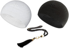 Kufi Hats for Men - Prayer Cap, Handicraft Taqiyah, Muslim Tasbih 99 Beads, Pray