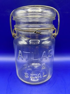 Anchor Hocking Atlas E-Z Seal Embossed Pint Canning Jar with Metal Bail Vintage