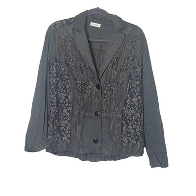 Bonita m Button Front Crinkle Jacket with Beaded Lace Accent Black Size 46 L