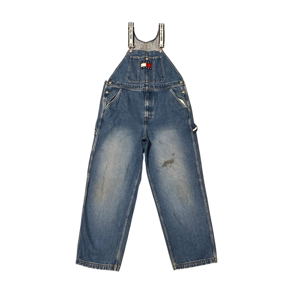 Macacão jeans vintage anos 90 Tommy Hilfiger masculino grande azul logotipo solto hip hop - Imagem 2 de 4