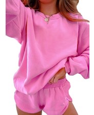 Women 2 Piece Outfits Sweatsuit Casual Long Sleeve Pullover and Shorts Sets T...