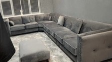 Large Grey Plush Velvet U-Shape Corner Sofa | Studded Arms | Free Delivery