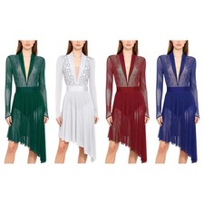 Women Dress Long Sleeve Dancewear Class Costume Figure Skating Lyrical Party