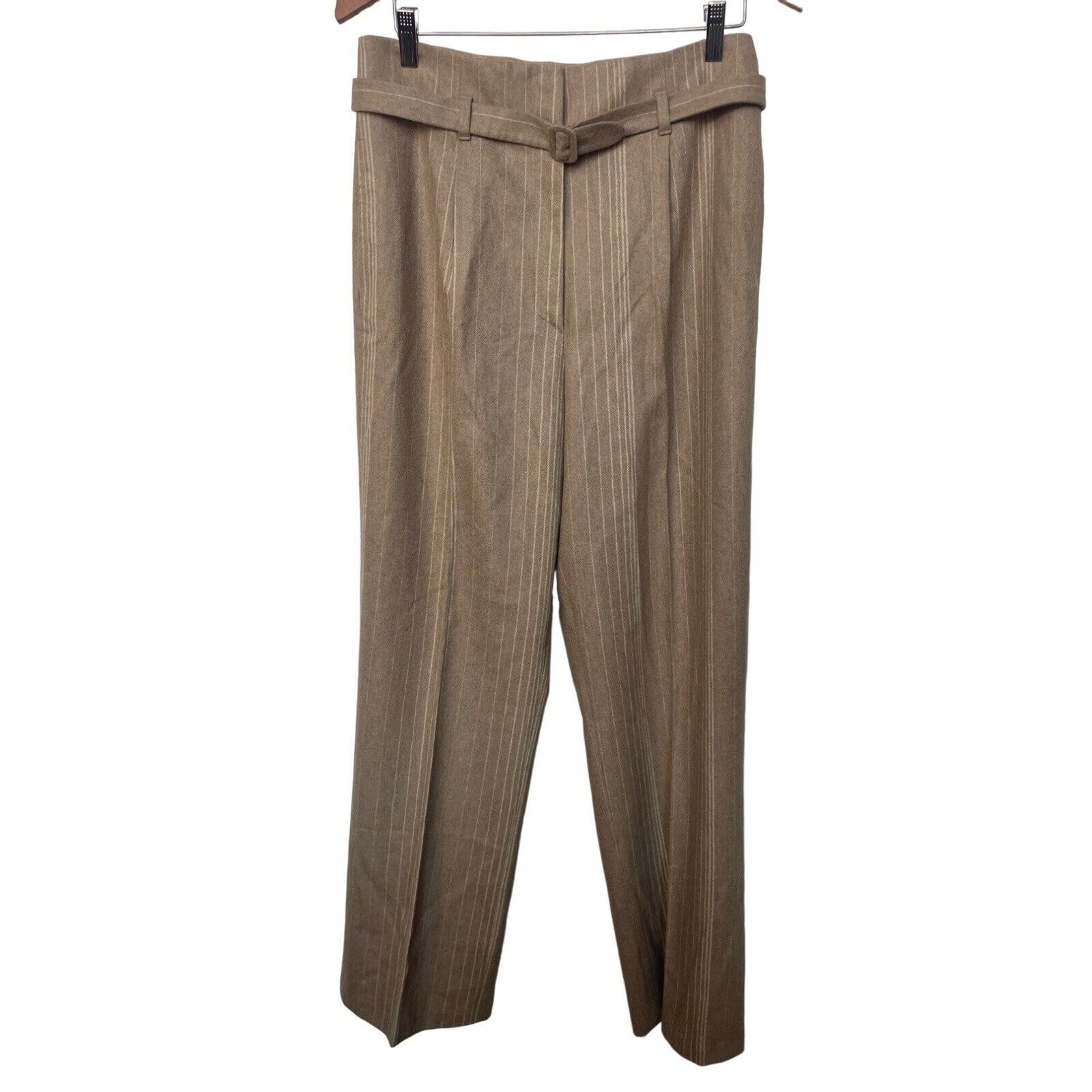 Zanella Wool Pinstripe Belted Straight Leg Trouser Pants Italian Tan Sz 8/10