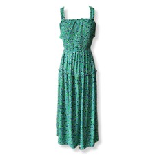 Green Ditsy Floral Smocked Cross Back Maxi Sun Dress M Cottage Boho Romantic NEW