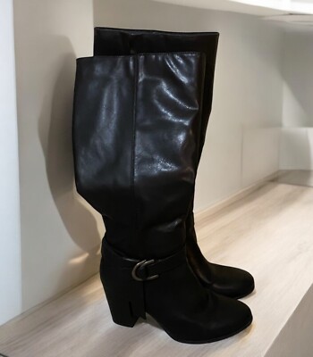 Rampage Women s Black Fashion Knee High Heel Boots w/Buckle 18  Size 9