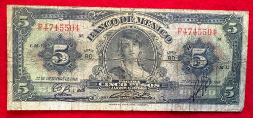 1948 Mexico 5 Pesos GYPSY Mexican banknote Gitana SERIE BD PREFIX P 4745504