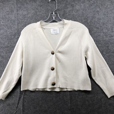 Zara Girls 11-12 Cropped Cardigan Ribbed Ivory Button Front V-Neck