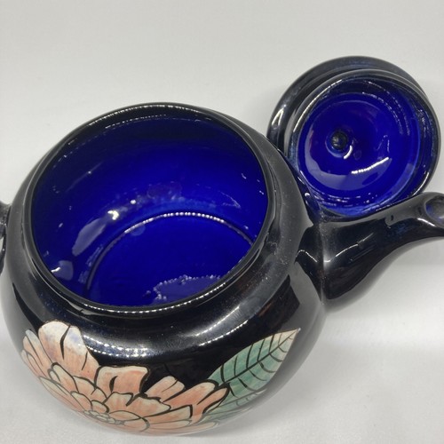 VTG Shiny Black Teapot Handpainted Pink Peony COBALT Glaze Inside! 8x3.4” Handle - Picture 6 of 12