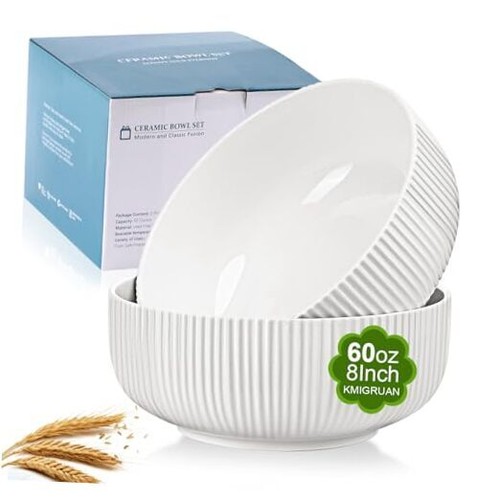 60oz Salad Bowl Set,2 Pack Serving Bowls for Entertaining,8inch Large White