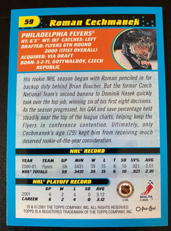 Roman CECHMANEK 2001-02 O-Pee-Chee #59 Philadelphia Flyers - Image 2 of 2