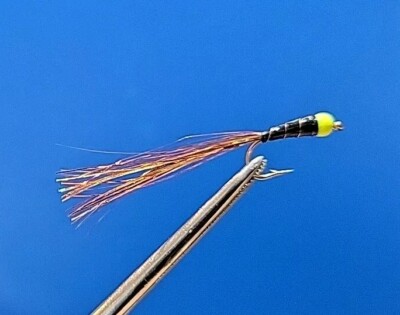 3 X STALKING BUG YELLOW BEADHEAD BLACK BODY COPPER FLASH TAIL FORELLEN FLIEGEN #12