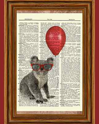 Koala Bear Red Balloon Glasses Dictionary Curious Art Print Poster Picture Book Koala Bear Red Balloon Glasses Dictionary Curious Art Print Poster Picture Book