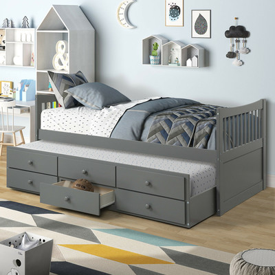 Twin Size Solid Wood Captain Bed With Trundle And Drawers For Kids