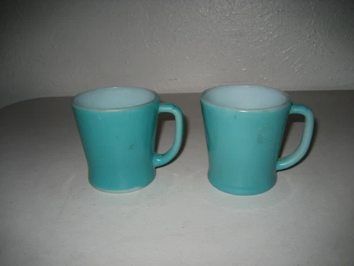 2 Vintage Fire King Green Blue Coffee Cup Mug D Handle 