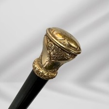 Antique Walking Stick. Elegant Black Cane with Gold-Plated Knob Handle, Signed S