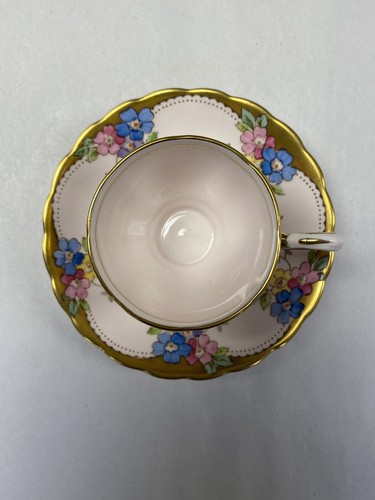 Tuscan Footed Demitasse Scalloped Cup Saucer Pink w/Flowers ~Heavy Gold Gilt (K8 - Picture 7 of 12