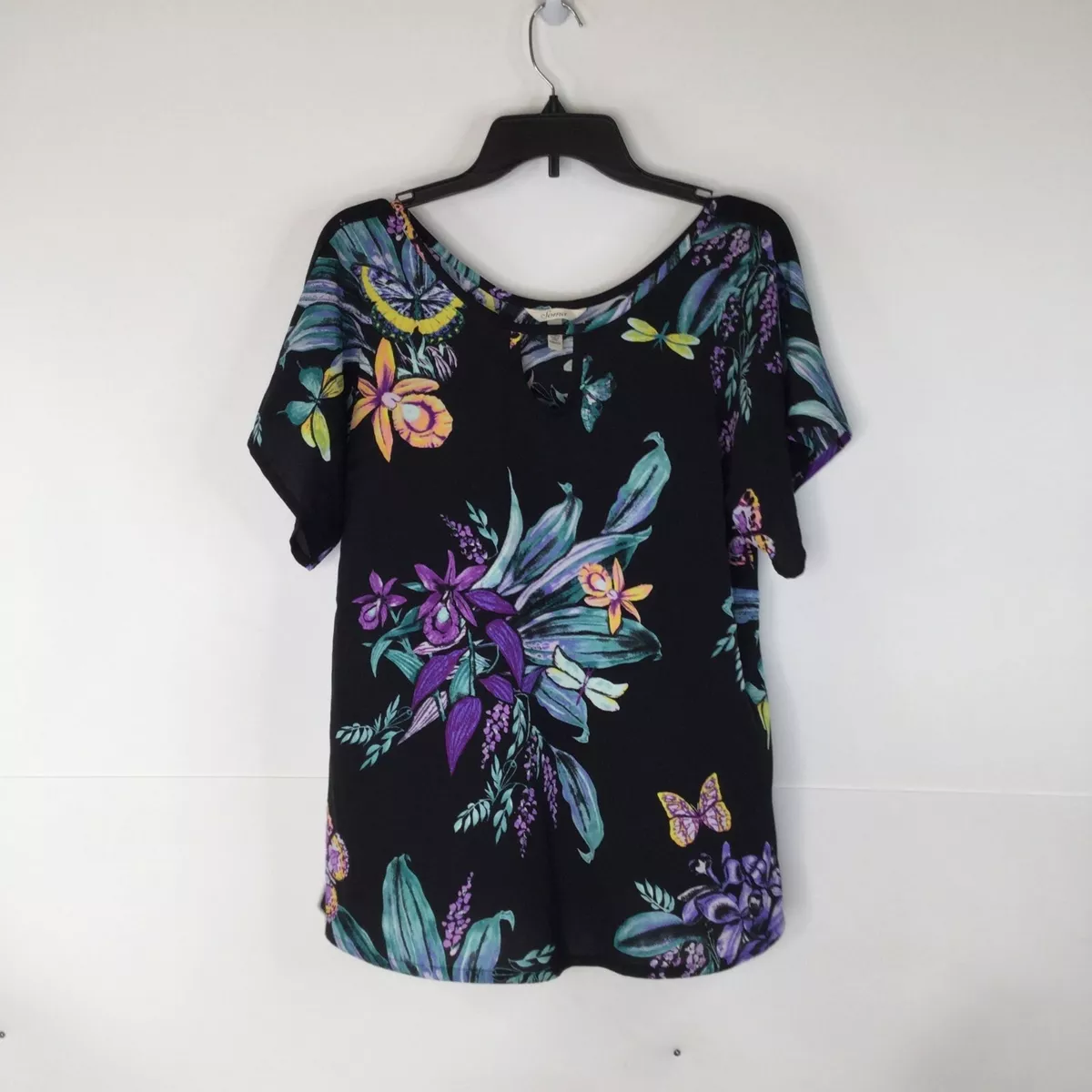 Soma Blouse Women XS Black Multicolor Floral Butterfly Short Sleeve Pullover