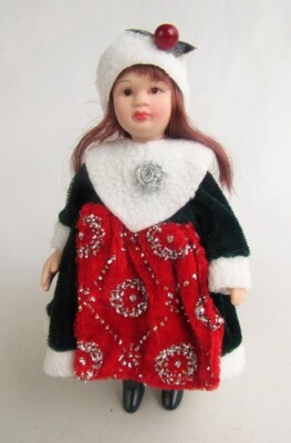 Bisque Hand Painted Face Jointed Head/Limbs Christmas Attire 6'' Red Haired Doll
