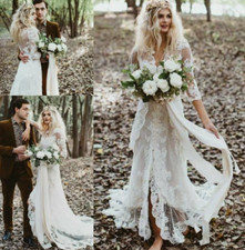 Vintage Bohemian Wedding Dresses with Long Sleeve Retro Lace Appliques Gowns