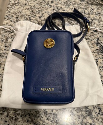 NEW $,1100 VERSACE Mens Blue Leather GOLD MEDUSA LOGO Crossbody Travel Small BAG