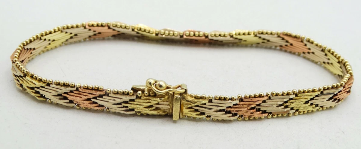 14K Tri Color Gold Solid Riccio Bracelet Italian Made 7