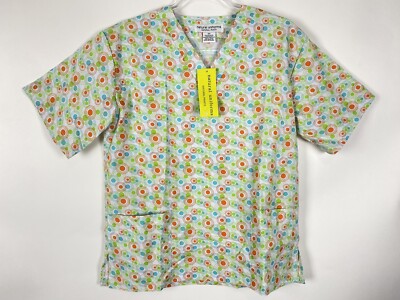 Natural Uniforms Scrub Top Size XS Blue Orange Circles 2 Pkt Medical Nursing NWT