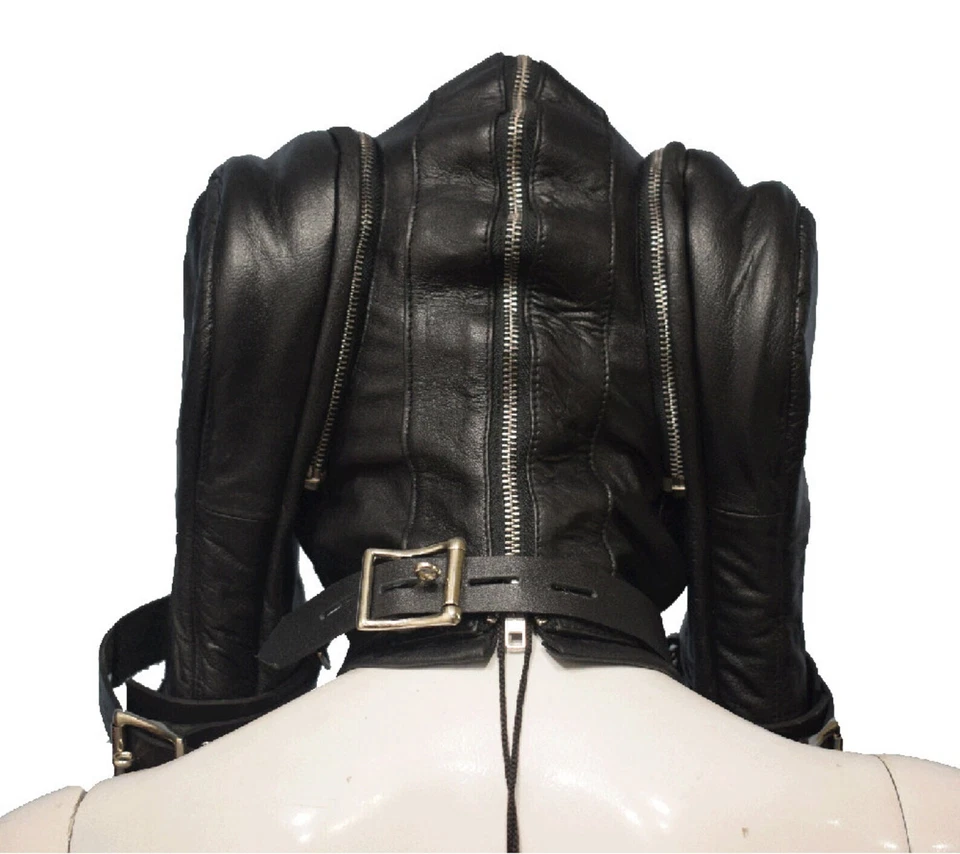 Juego de capucha y guantes bloqueables Gimp de cuero genuino - Máscara sensorial BDSM Foto 2 de 4
