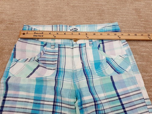 Old Navy Girls Sz 14 Blue Purple Plaid Linen Blend Bermuda Shorts Pockets - Picture 7 of 9
