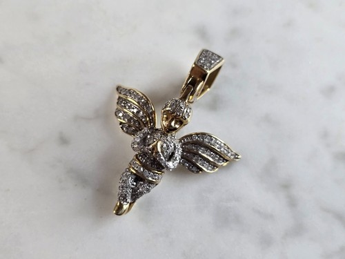 Womens Vintage Estate 10K Gold Angel Diamond Pendant 3.7g E6588