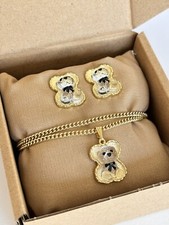 Gold Tone Clear Teddy Bears W/Black Bows Necklace Earring Set In Gift-box