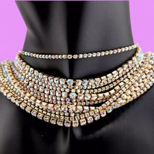 12-strand AB RHINESTONE CRYSTAL CHOKER gold-tone tiered necklace iridescent Y5
