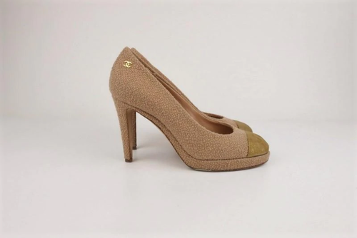 Chanel 15C Loop Tweed Platform Pumps Light Brown Size 38.5 Gold Leather Cap Toe - Picture 4 of 7