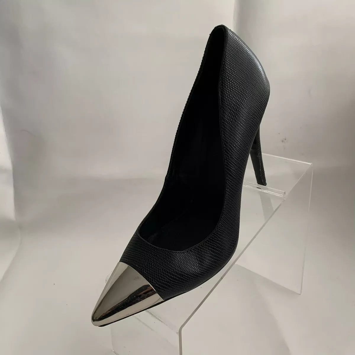 Nicholas High Heel Black Leather Pointy Silver Toe Tip Shoes Size EU 39.5  US 9