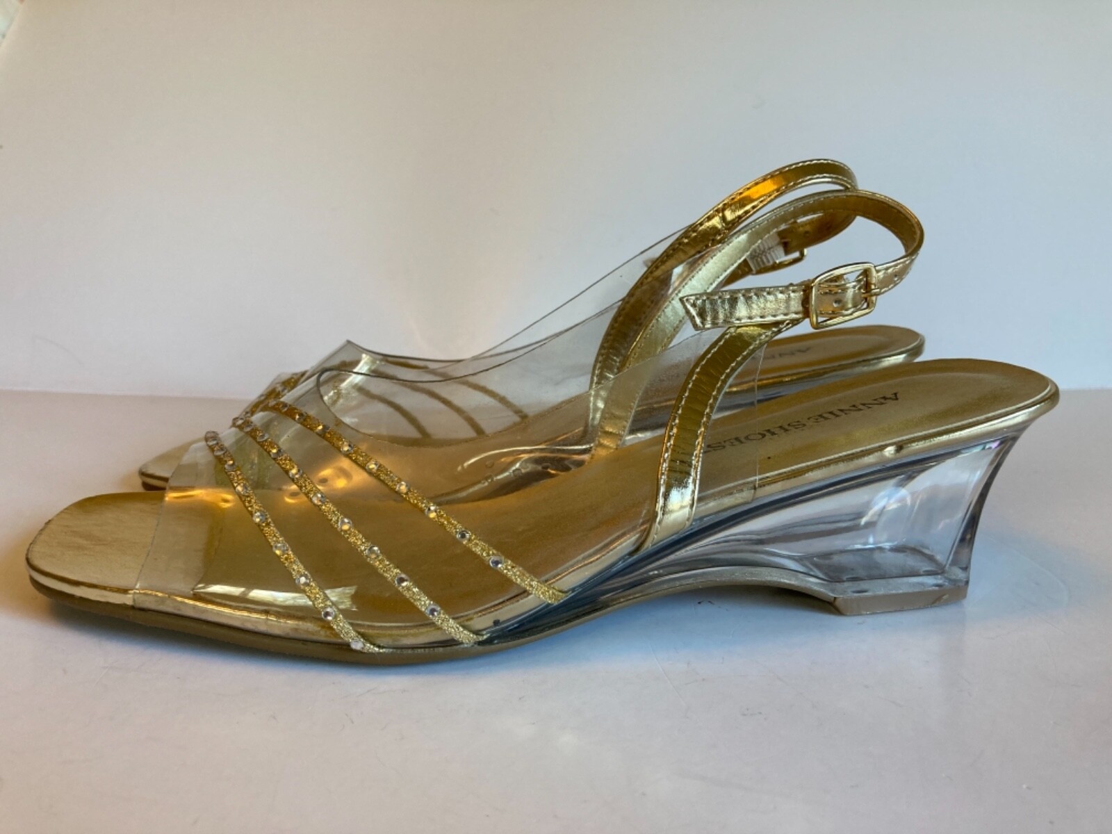 Women's Annie Shoes Clear Gold Rhinestone Wedge Open Toe Heels Shoes