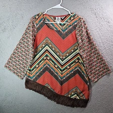 Ivy Jane Tunic Top Blouse Women Small Aztec Print Fringe Hem Colorful  Geometric