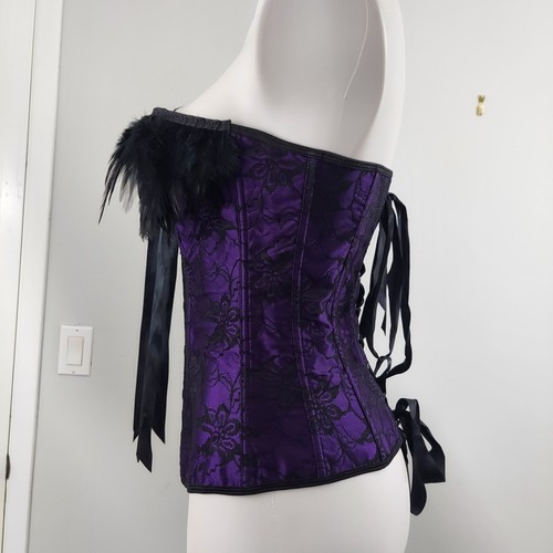 Burlesque Style Corset and skirt satin and Lace, Bows and Feathers, M, Purple - Picture 8 of 18