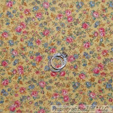 BonEful Fabric FQ Cotton Quilt VTG Yellow Pink Blue Green Antique Rose Flower S