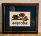 Vtg Handmade Cross Stitch Framed Welcome Sign Mountain Cabin Cottage Theme 12x14 — photo 1