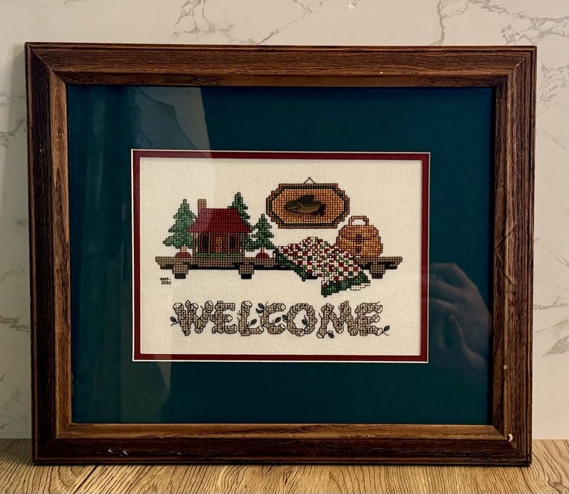 Vtg Handmade Cross Stitch Framed Welcome Sign Mountain Cabin Cottage Theme 12x14