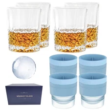 Whiskey Glasses,8-piece set (4 Crystal Glasses, 4 Round Ice Ball Molds) In Gi...