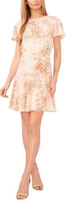 CeCe Women's Short Sleeves Printed Tie-Waist Ruffle Floral Dress Dusty Peach XL