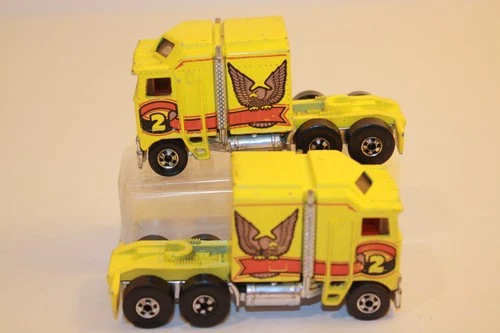 Two Vintage 1982 Hot Wheels Thunder Roller Kenworth K100 Semi Tractor Trucks