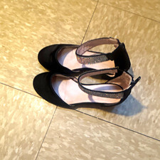 Women s Black Strappy Block Heel Ankle Strap Buckle Rhinestone Round Toe US 3