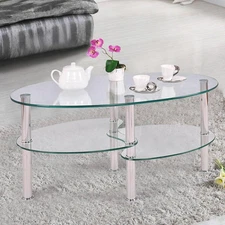 High Quality Tempered Glass Oval Side Coffee Table Shelf Chrome Base Living Room