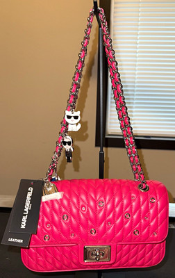 KARL LAGERFELD PARIS Pink Quilted Shoulder Bag Medium Turn Lock Chain Charm