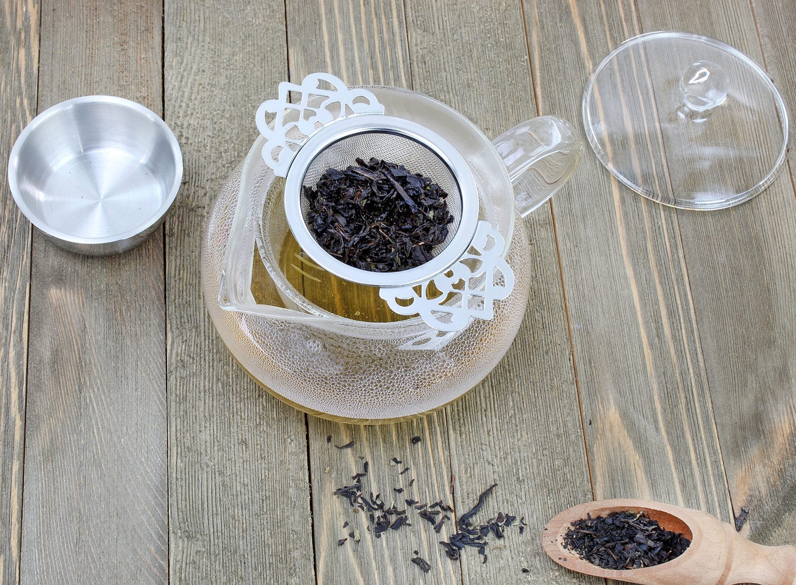 Solstice Empress Tea Strainers with Drip Bowls (2-Pack); Elegant Stainless St...