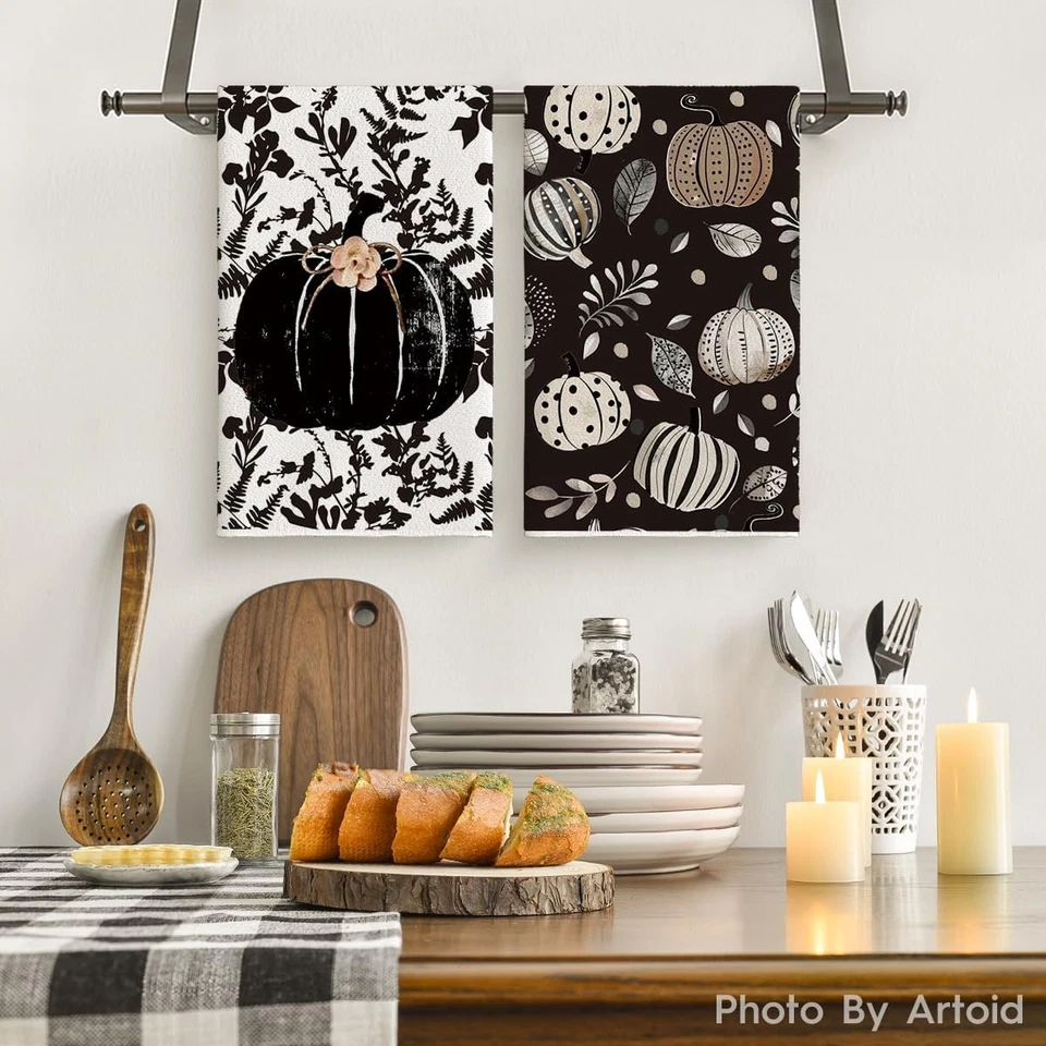 Black Leaves Polka Dot Pumpkin Fall Kitchen Towels Dish Towels 18x26 Inch - Image 2 of 4